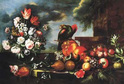 Flowers, Fruit and a parrot